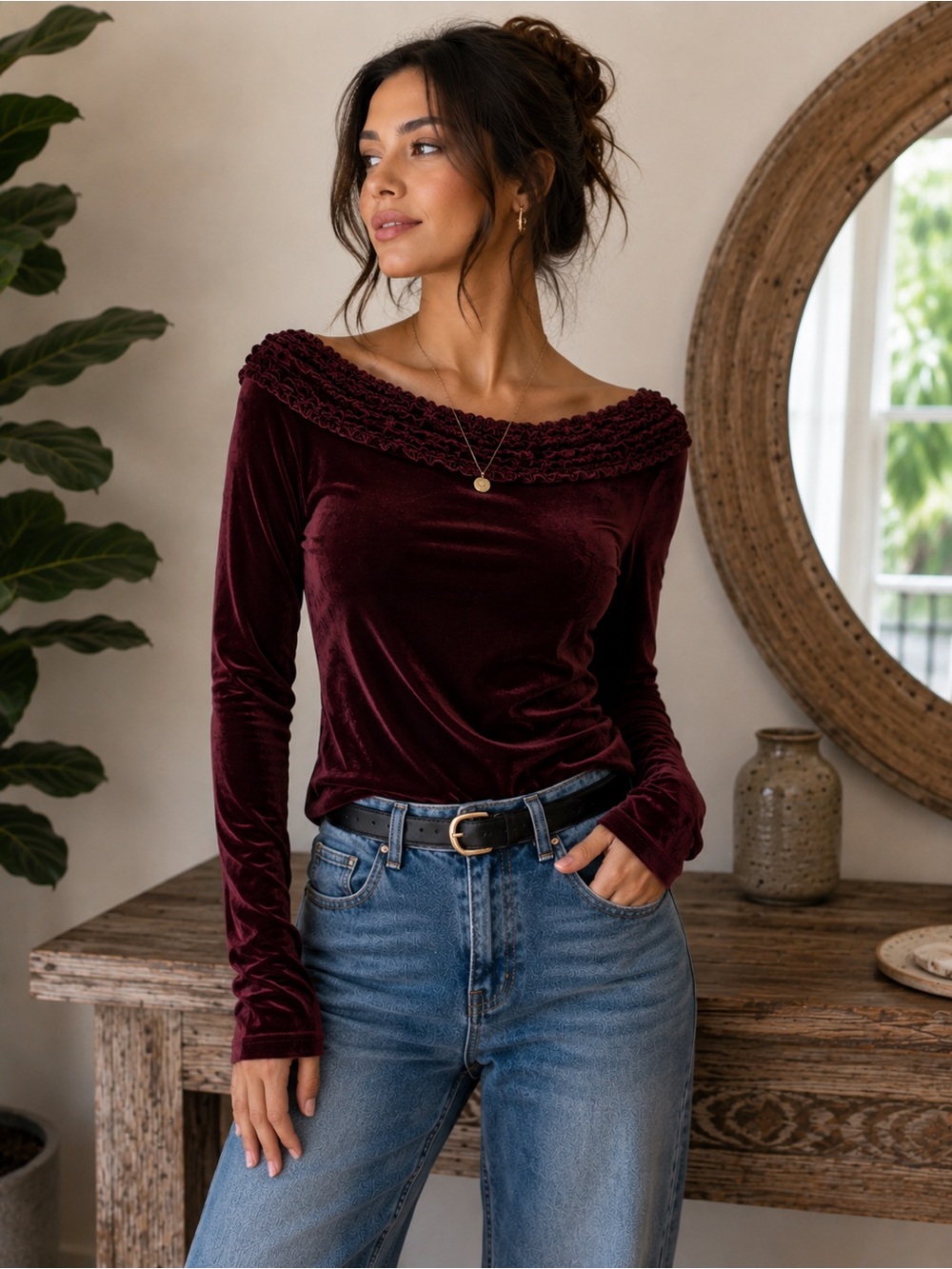 Size S-Burgundy Velvet Off-Shoulder Top | Size Small | Y2K Long Sleeve Holiday P